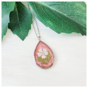 Floral Teardrop Necklace Metallic Blush PinkCream Pressed Dried Flower Pendant
